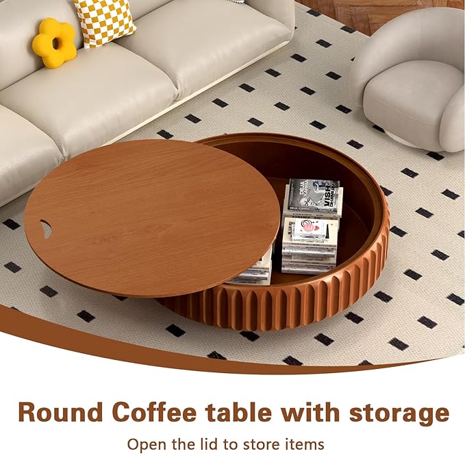 31.5in Drum Coffee Table with Storage Modern Unique Fluted Tea Table Contemporary Round Coffee Table with Fluted Center Table for Small Space Apartment (31.5in)