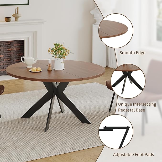 Walnut Round Dining Table Set for 4, Mid-Century Modern Kitchen Table and Chairs, Small Space Dining Room Furniture for Apartment, Breakfast Nook or Studio (Boxwood-1 Table + 4 Brown Chairs)