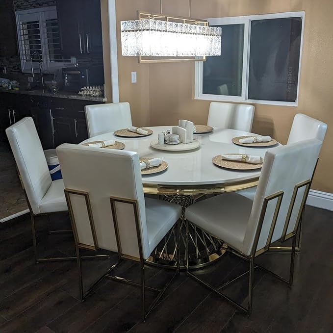 AUZ Dining Chairs Set of 6, White Faux Leather Dining Room Chairs with Gold Stainless Steel Sled Legs