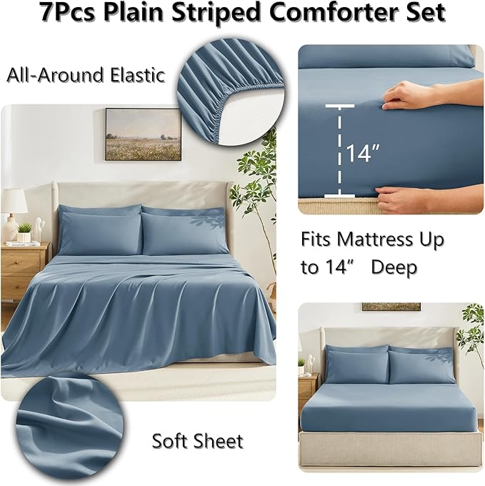 CozyLux Queen Comforter Set Mineral Blue, 7 Pieces Bed in a Bag, Blue Comforter Queen Size, All Season Bedding Sets with Stitch Quilted Comforter, Flat Sheet, Fitted Sheet, Pillowcases
