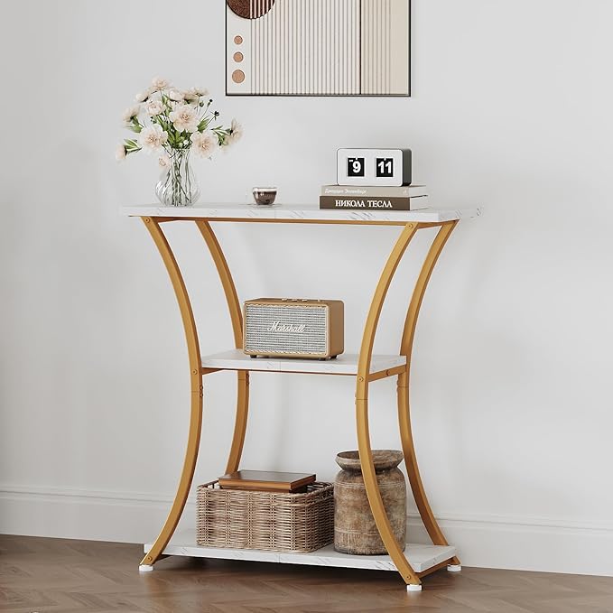 Rustic 3-Tier Console Table with Open Shelves Narrow Entryway Table with Curved Metal Frame Slim Sofa Table for Hallway Living Room or Foyer (Gold White Marbled)