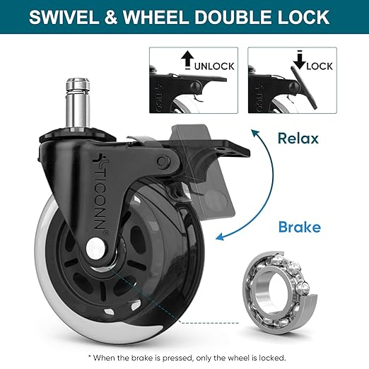 TICONN Office Chair Caster Wheels Set of 5 for Tile, Hardwood Floors and Carpets, Universal Fit for Most Chairs (Transparent with Brake)