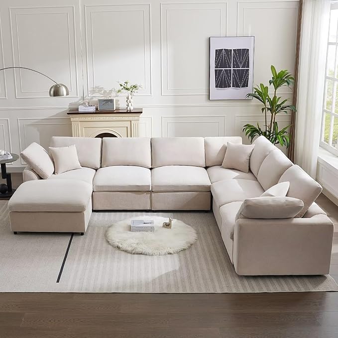 Modular Sectional Sofa Modern Oversized Chenille Cloud Couch with Movable Ottoman 7 Seater L-Shaped Sofas Comfy Couches for Living Room Spacious Space Office Lounge, Beige