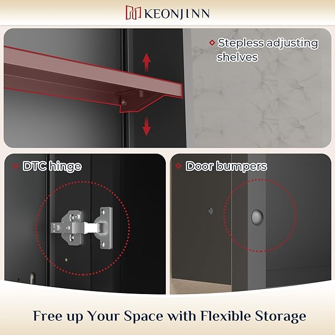 Keonjinn 20" x 26" Black Medicine Cabinet for Bathroom, Recessed or Surface Wall-Mounted Aluminum Alloy Framed Beveled Mirror with Storage, Mirrored Cabinets with 2 Adjustable Shelves for Bath Modern