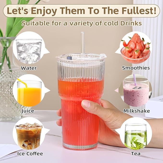 20OZ Glass Tumbler with Straw and Lid,Glass Cups with Lids and Straws,2PCS Ribbed Iced Coffee Cups Vintage Glassware for Juice Whiskey Cocktail Beer