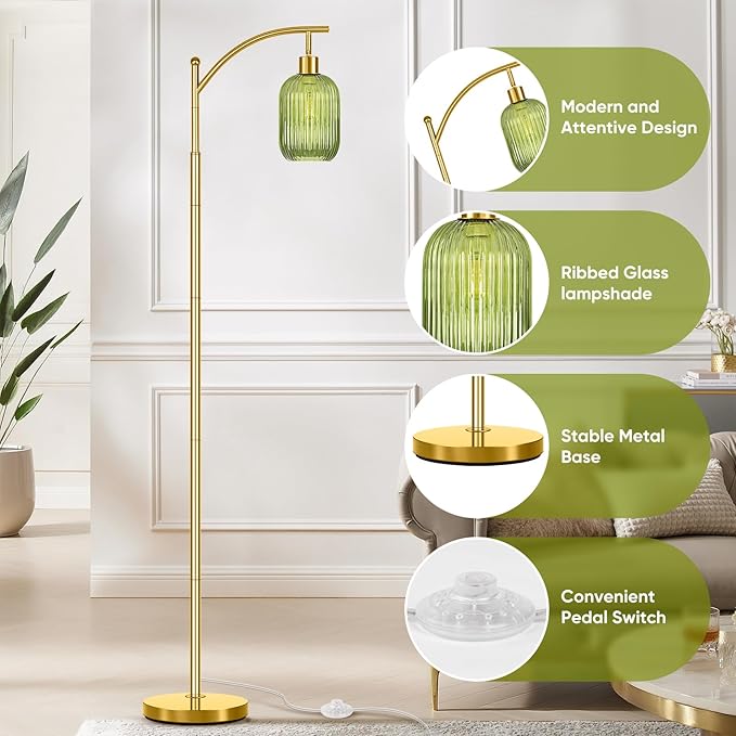 Gold Floor Lamp for Living Room with Remote Control,Unique Vintage Standing Tall Lamp,Mid Century Modern Floor Lamps Arc Green Glass Floor Lamps for Office Corner