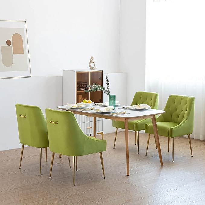 Modern Dining Chair Set of 6, Mid-Century Room Chair, Upholstered Comfortable Velvet with Back Pull Rod and Metal Legs for Kitchen, Living (Yellow-Green) (DYXSD)