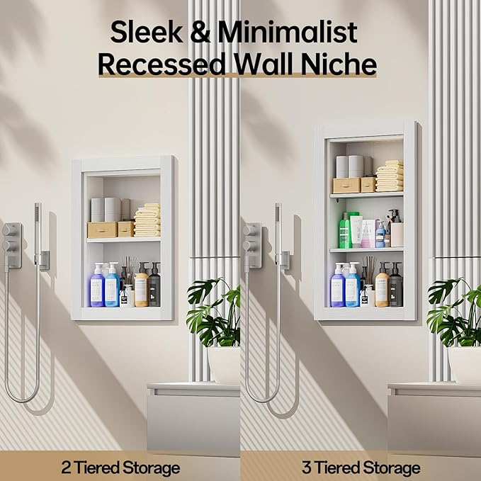 14x18 Recessed Medicine Cabinet, 2 Tiered Wood Bathroom Wall Niche, Water-Proof Recessed Wall Niche Medicine Cabinet Replacement, for Living Room, Bathroom Storage, White