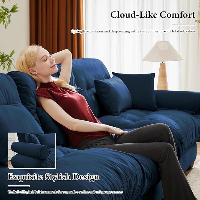 93.7” Loveseat Sofa, 2 Seater Modular Sectional Sofa, Blue Large Sectional Couches for Living Room, Fluffy Couch Set, Love Seat, Velvet Cloud Couches, Deep Seat Sofas for Living Room