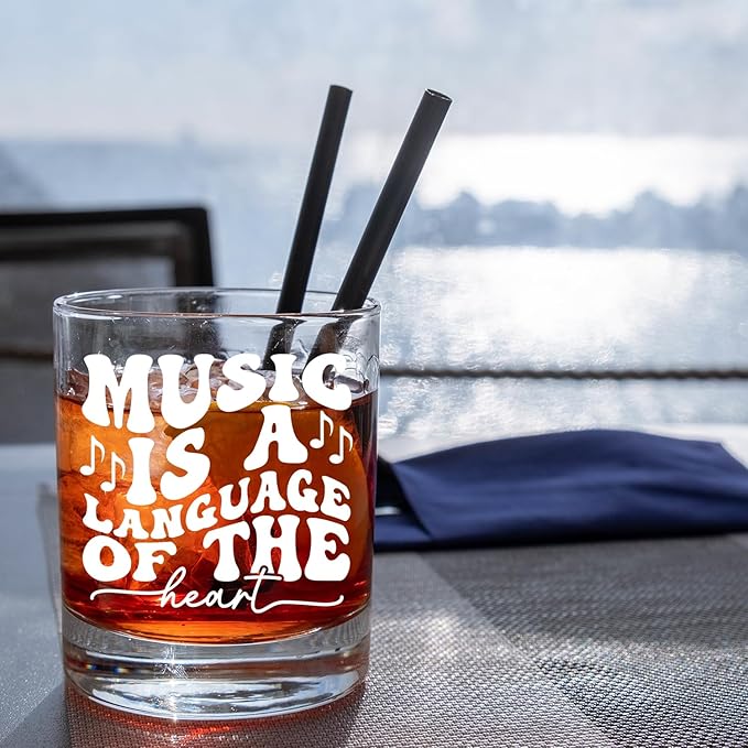 Musical Lovers Gifts Old Fashioned Whiskey Glasses, Music Gifts for Women Men, Music Is a Language Of The Heart 10 oz Rocks Barware Cup for Cocktail Drinks Scotch Bourbon Liquor