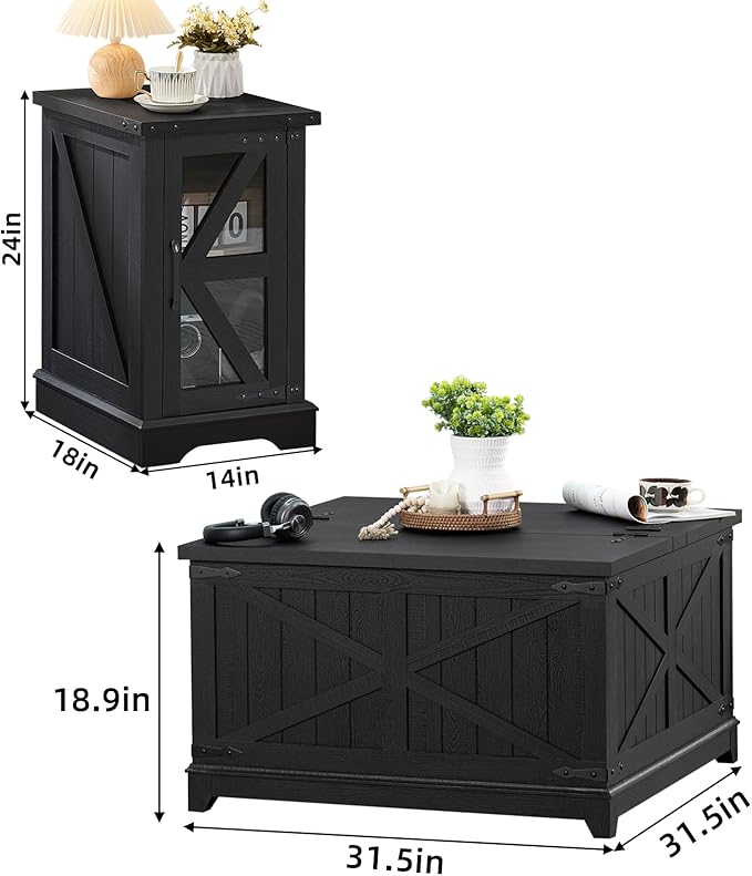 Farmhouse Coffee Table Sets 3 Pieces, Narrow Night Stand with Glass Barn Door Storage, Large Coffee Tables with Hidden Storage Organizer, Wood Furniture Sets for Living Room, Office, Black