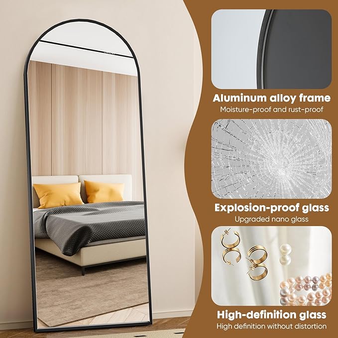 Arched Full Length Mirror, Floor Mirror with Stand, 71"x26" Mirrors for Home Decor, Full Body Length Floor Mirrors, Wall Mounted Mirror for Bedroom, Living Room, Black