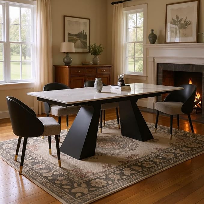 62.9" to 94" Modern Sintered Stone Luxury Rectangular Dining Table for 6-8 People, White Top with Black Base, Contemporary Style for Living Room