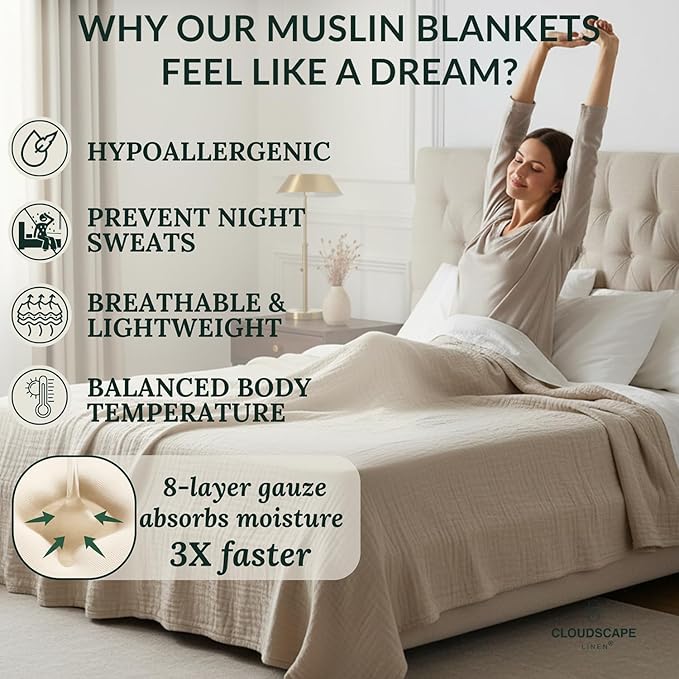 Cloud Scape Linen 100% Cotton 8 Layer Twin Size Muslin Blanket - Breatheable and Soft Winter Blanket for Bed, Couch and Sofa, Oversized Fits up to Twin XL, Best Gift Idea, 68x92, Fog