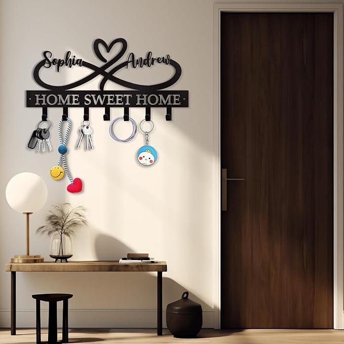 Personalized Custom Couple's Name Metal Key Holder - Love Shape Key Hooks for Wall, Housewarming Wedding Gifts, Bedroom Entryway