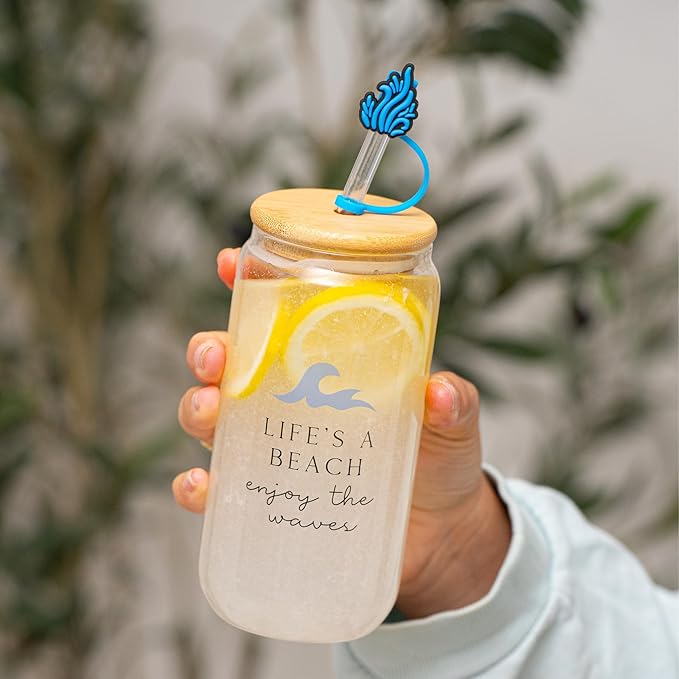 Ocean Gifts for Women - Glass Tumbler with Lid and Straw, Customized Straw Stopper and Cup Sleeve, Aesthetic Unique Design Iced Coffee Gift Cup for Mom, Teacher, Friend