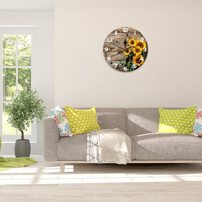 Retro Wooden Sunflower Wall Clock Battery Operated 10 in Round Wall Clocks Slilent Non Ticking Quartz Analog Clock for Bedroom Kids Living Room Classroom Decor