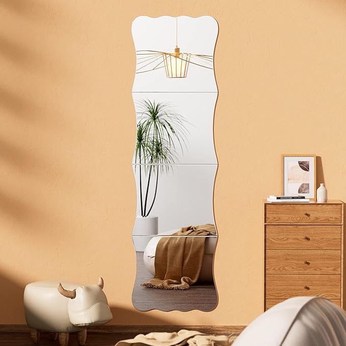 Wavy Full Length Mirror Shatterproof Acrylic Wall Mirror Tiles 47" x 14"(4 Pcs 12"x14"), Non-Glass Safety Body Mirrors for Baby Kids Playroom, Frameless Dorm Door Gym