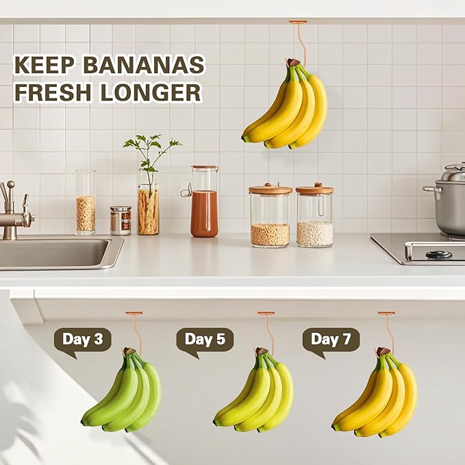 Banana Hanger Hook – Space Saving Banana Holder Hanger to Keep Bananas Fresh, Self Adhesive and Screw Banana Hook 3Pack Rose Gold