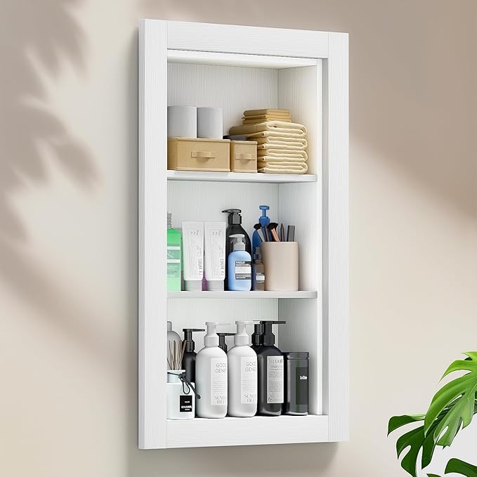 14x24 Recessed Medicine Cabinet, Wood Bathroom Wall Niche, Water-Proof Recessed Wall Niche Medicine Cabinet Replacement, for Living Room, Bathroom Storage, White
