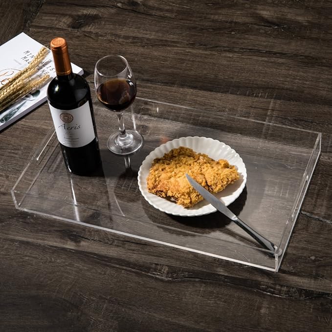 Sooyee Clear Acrylic Tray Decorative,16" x 12" Plastic Serving Trays for Coffee Table,Kitchen,Bathroom,Food,Vanity Countertop,Large Ottoman Tray with Handles