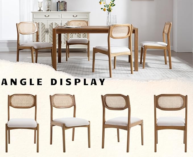 EALSON Mid Century Modern Rattan Dining Chairs Set of 4 Upholstered Linen Dining Room Chairs with Cane Back Farmhouse Kitchen Chairs Comfy Side Chair with Hardwood Frame,Beige