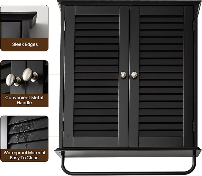 Bathroom Storage Cabinet with Adjustable Wood Shelves & Doors, Made of PDF Wood, Medicine Cabinet, Over The Toilet Storage Cabinet for Kitchen & Laundry Room Medicine Cabinet Black