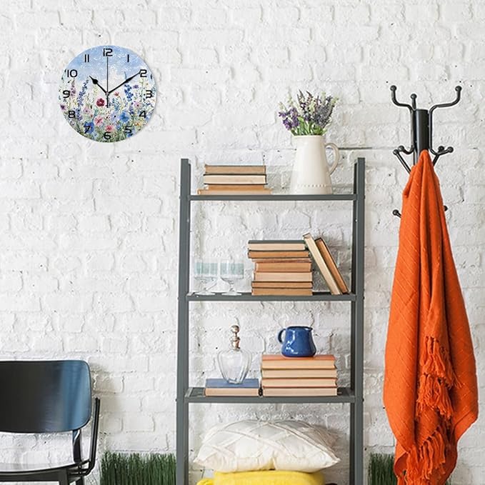 Bolaz Wall Clocks Decorative Bedroom Silent Living Room Desktop Flowers Blue Watercolor Tabletop Shelf Clocks Round Battery Operated 10 Inch Non-Ticking
