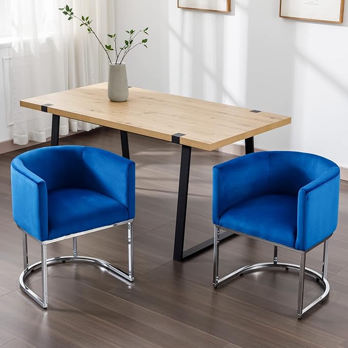 Velvet Dining Chair Set: Modern Barrel Arm Chairs - Chrome Metal Frame, Upholstered Accent Chairs (18.5" W) for Dining & Living Room, blue