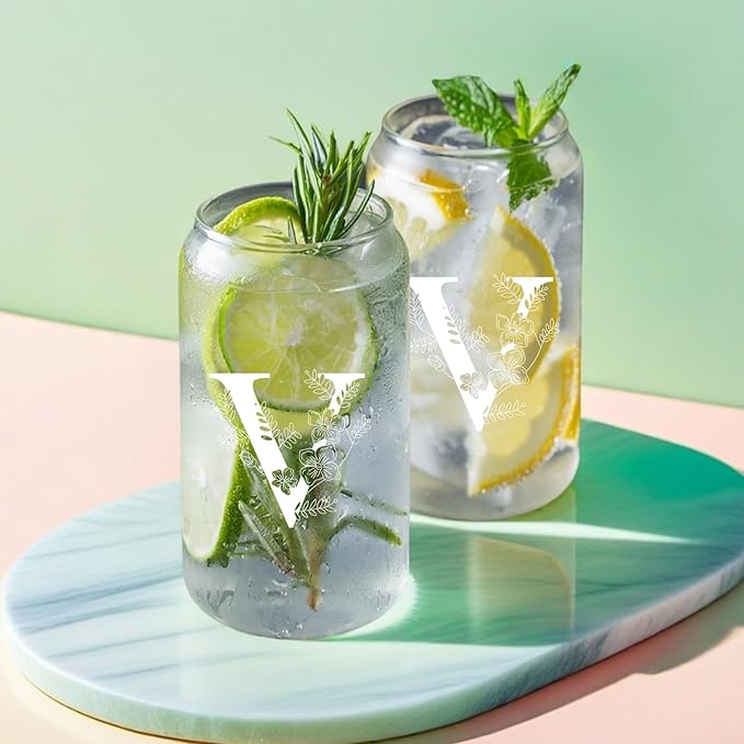 Unique Initial Glass Cup with Lids and Straws, Monogrammed Gifts Box Included Makeup Bag, Christmas Birthday Gifts for Women Mom Sister Grandma, V