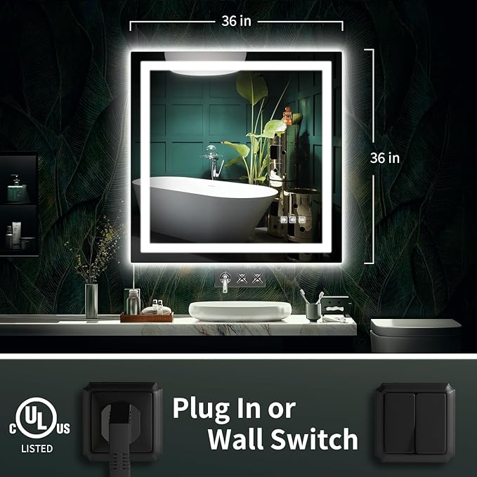 LED Mirror for Bathroom, 36x36 Inch Backlit + Front Lighted Bathroom Vanity Mirror with Lights for Wall, Double Light Strips, 3 Colors, Shatter-Proof, Anti-Fog and Brightness Memory