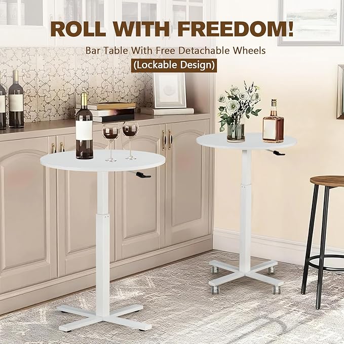 Round Bar Table, Adjustable Height and Rolling Small Dining Table, Dual-Use Cocktail Table with Removable Casters for Bar, Bistro, Café(White), Set of 1