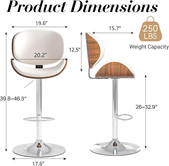 Adjustable Swivel Bar Stools Set of 4, Modern Bentwood Barstool with Large Metal Base and Footrest, PU Leather Upholstered Bar Chair with Curved Back for Kitchen Island Dining Room, White