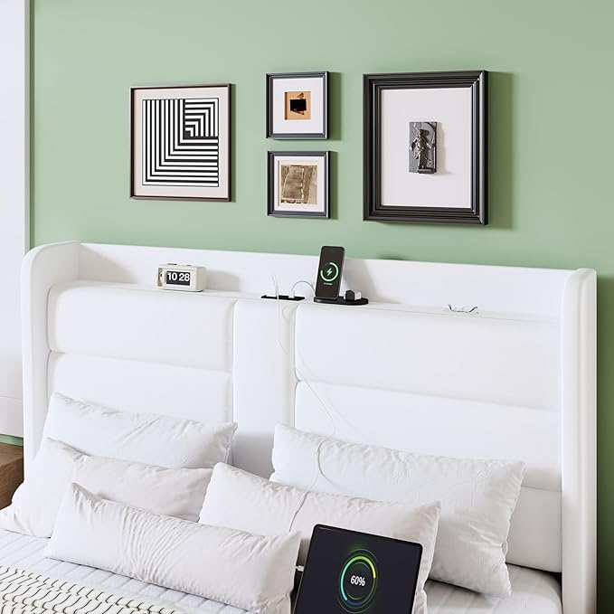 Allewie King Size Platform Bed Frame with Charging Station & Storage Headboard, Upholstered Velvet Wingback Design & USB Port, Strong Wooden Slats Support, No Box Spring Needed, Easy Assembly, White