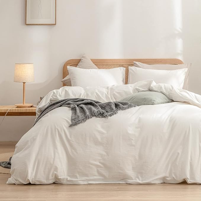 BESTOUCH Duvet Cover Set 100% Washed Cotton Linen Feel Super Soft Comfortable Chic Lightweight 3 PCs Home Bedding Set Solid Off White Full/Double