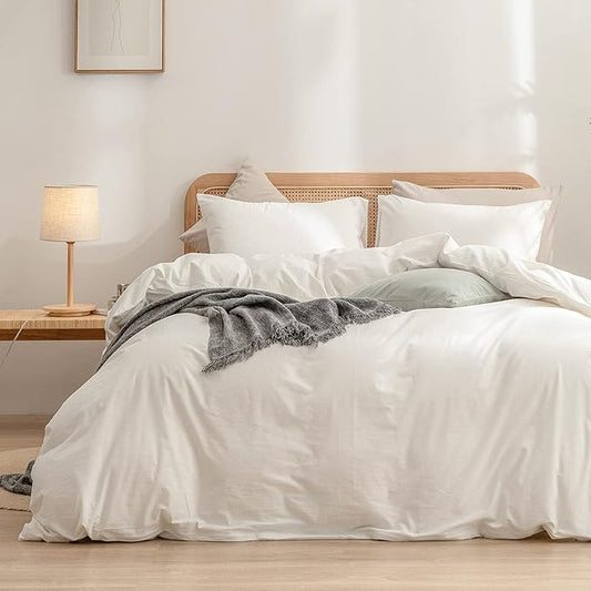 BESTOUCH Duvet Cover Set 100% Washed Cotton Linen Feel Super Soft Comfortable Chic Lightweight 2 PCs Home Bedding Set Solid Off White Twin/Twin XL
