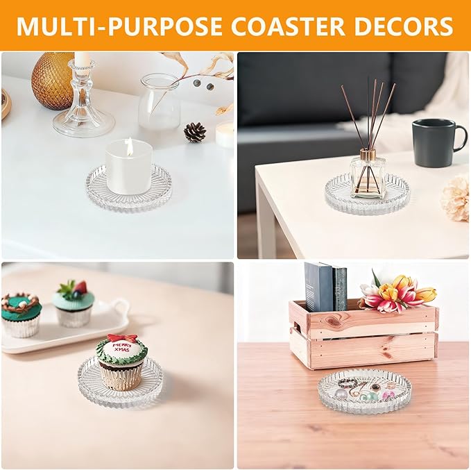 Round Modern Clear Coasters Set of 4, VIBRATITE 4 Inch Glass Cup Coaster Modern Crystal Coasters for Drinks Coffee Office Bar Kitchen Home Wedding Party Decor (Clear)