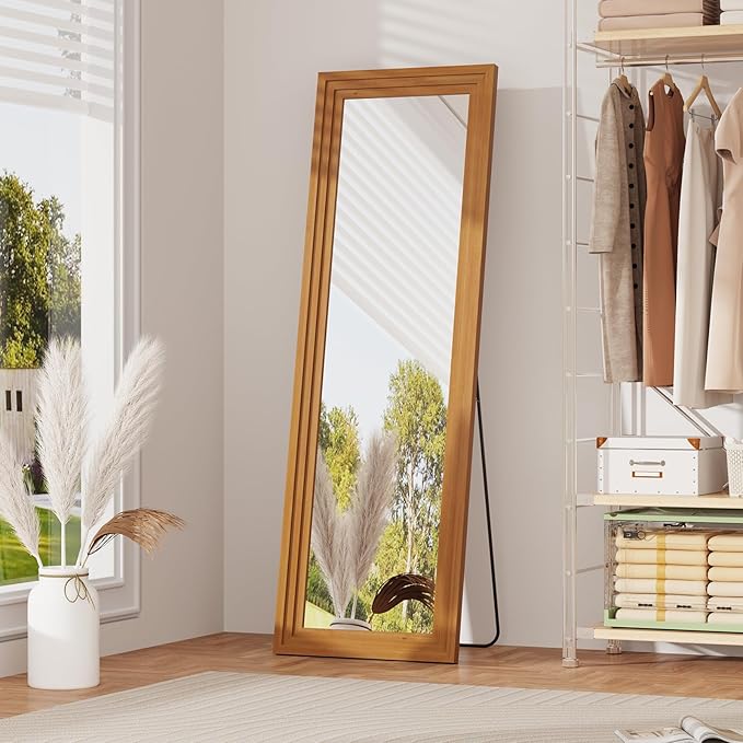 Full Length Mirror,58x16 Inch Full Length Mirror Wall Mounted,Vertical Hanging,Leaning Standing for Bedroom,Living Room,Rectangular Wooden Frame,Walnut Color.
