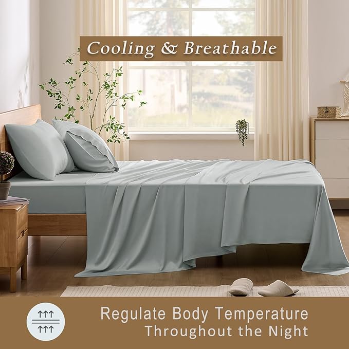 TOSMO Luxury Cooling Sheet Set - 100% Viscose from Bamboo, 4-Piece Bedding Set (Queen Size) - 18” Extra Deep Pockets, Oeko-Tex Certified, Silky Soft and Breathable, Sliver