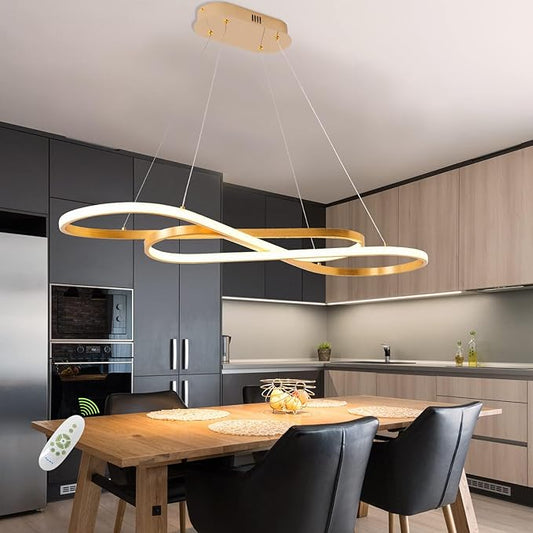 Gold Led Chandelier for Kitchen Island Lighting,Dimmable Modern Chandelier for Dining Room, L39.4" Modern Led Pendant Light Fixture Height Adjustable Brushed Gold Dining Room Light Fixture Over Table