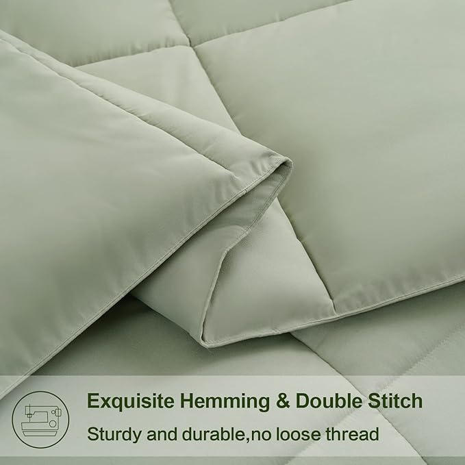 EASELAND Queen Size Down Alternative Comforter - Quilted Duvet Insert for All Seasons, Soft Lightweight with Corner Tabs, Summer Winter Warm Bedding, Sage Green 88×88 Inches