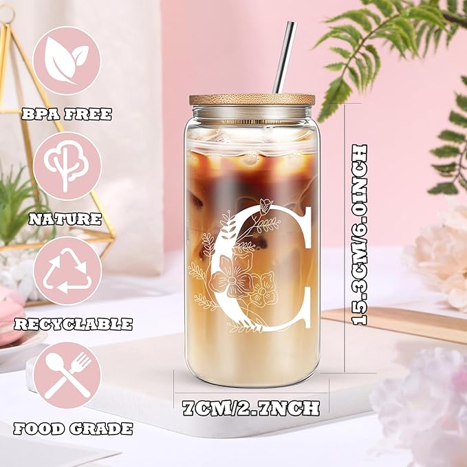 Unique Initial Glass Cup with Lids and Straws, Monogrammed Gifts Box Included Makeup Bag, Christmas Birthday Gifts for Women Mom Sister Grandma, C