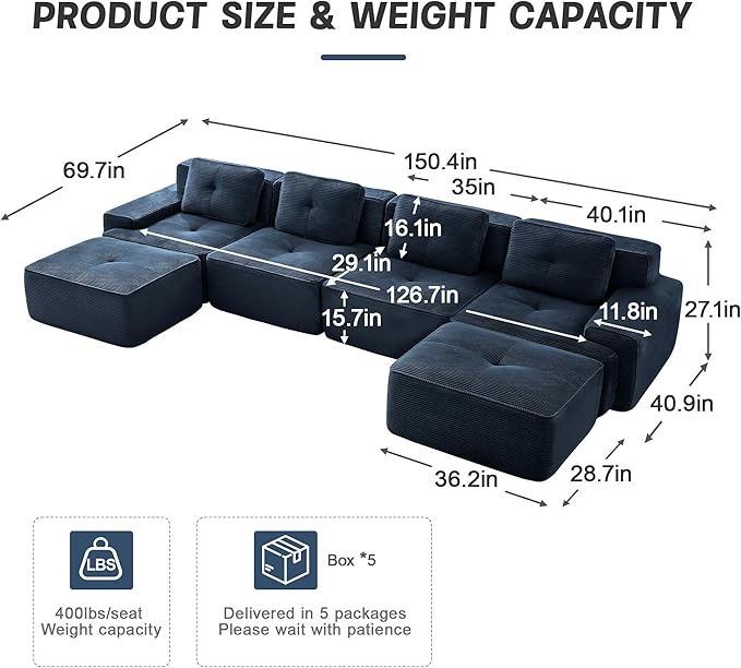 150" Modern Corduroy Cloud Sofa with Ottoman, U Shaped Boneless Modular Large Sectional Couches for Living Room, Blue 4 Seater Compressed Memory Foam Couch, Extra Deep Seat, No Assembly