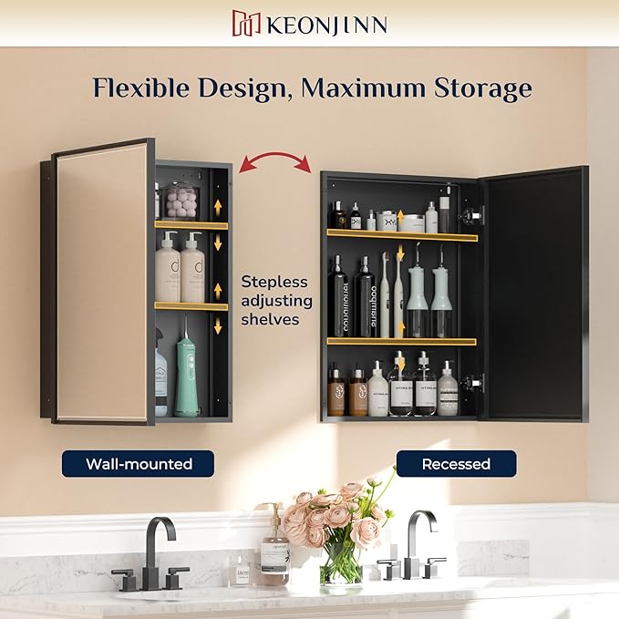 Keonjinn 24” x 30” Black Bathroom Medicine Cabinets with Mirror Recessed or Surface Wall-Mounted Aluminum Alloy Metal Framed Beveled Bathroom Mirror, Large Single Door Farmhouse Storage Cabinet Mirror