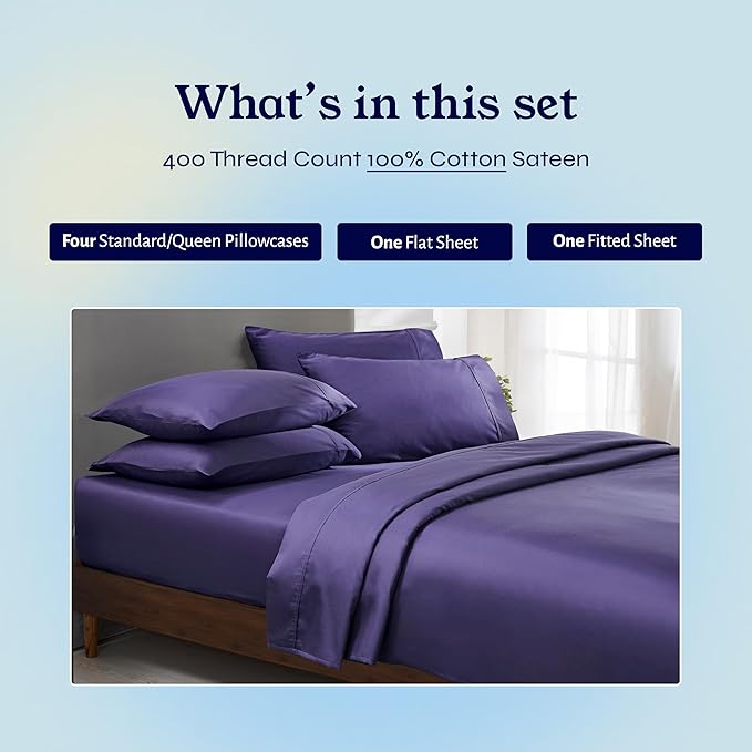California Design Den 6-Pc Queen Size Sheet Set with 4 Pillowcases - 400 Thread Count 100% Cotton Sheets, Cooling Sateen Weave, Luxury Deep Pocket Bedsheets Set - Dark Purple