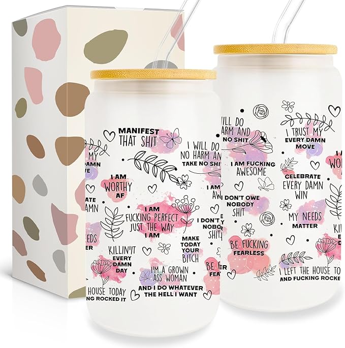 Positive Daily Affirmations Gift 16Oz Can Glass Cups, Inspirational Mental Health Gifts for Women Friends, Sobriety Motivational Gifts for Female Coworker, Birthday Gifts for Women Friendship