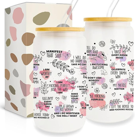 Positive Daily Affirmations Gift 16Oz Can Glass Cups, Inspirational Mental Health Gifts for Women Friends, Sobriety Motivational Gifts for Female Coworker, Birthday Gifts for Women Friendship