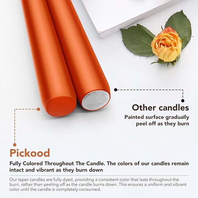 New Burning Formula Unscented Dripless 10-Inch Taper Candles Set of 12 - Burnt Orange, for Wedding, Dinner - Smokeless, Long Burning - Hand Poured, Colored Tall Candlesticks - Naranja Quemado