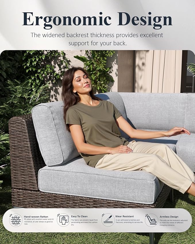 LayinSun 6-Piece Outdoor Modular Wicker Sectional Sofa with Fire Pit Table, Patio Furniture Conversation Set with Deep Seating and Thick Cushions
