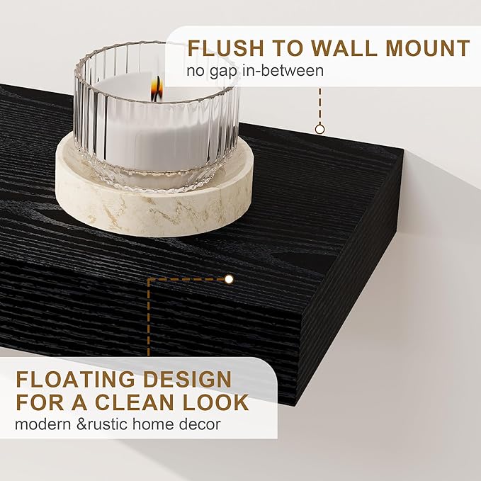 Fun Memories Floating Shelves for Wall, 48Inch Floating Shelves Set of 2, Hanging Shelf with Invisible Brackets, Wood Shelves for Living Room, Bedroom, Kitchen, Black
